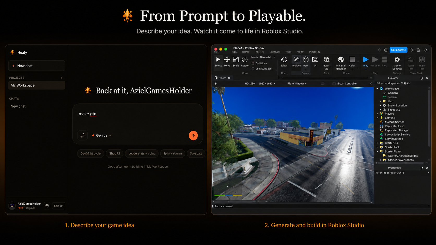 Heaty turning a prompt into a playable game — the chat on the left, Roblox Studio building it on the right